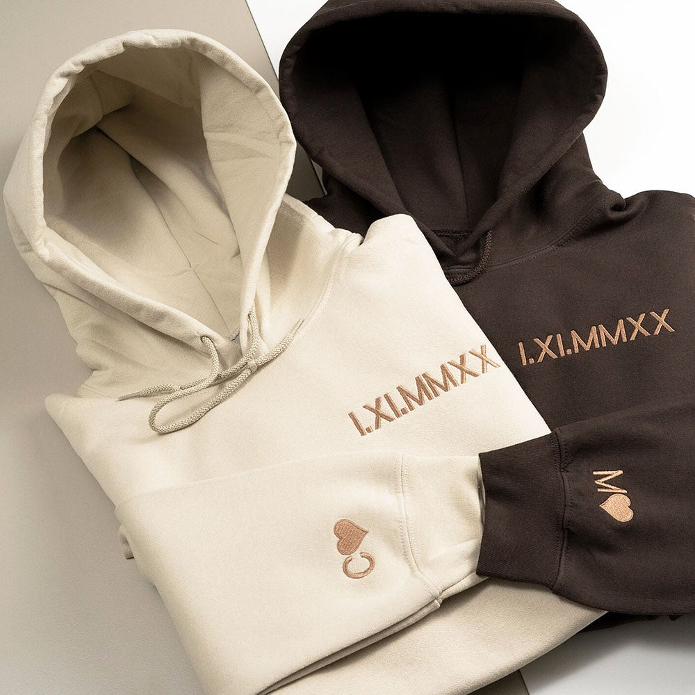 Personalized Couple Embroidered Roman Numeral Matching Hoodie