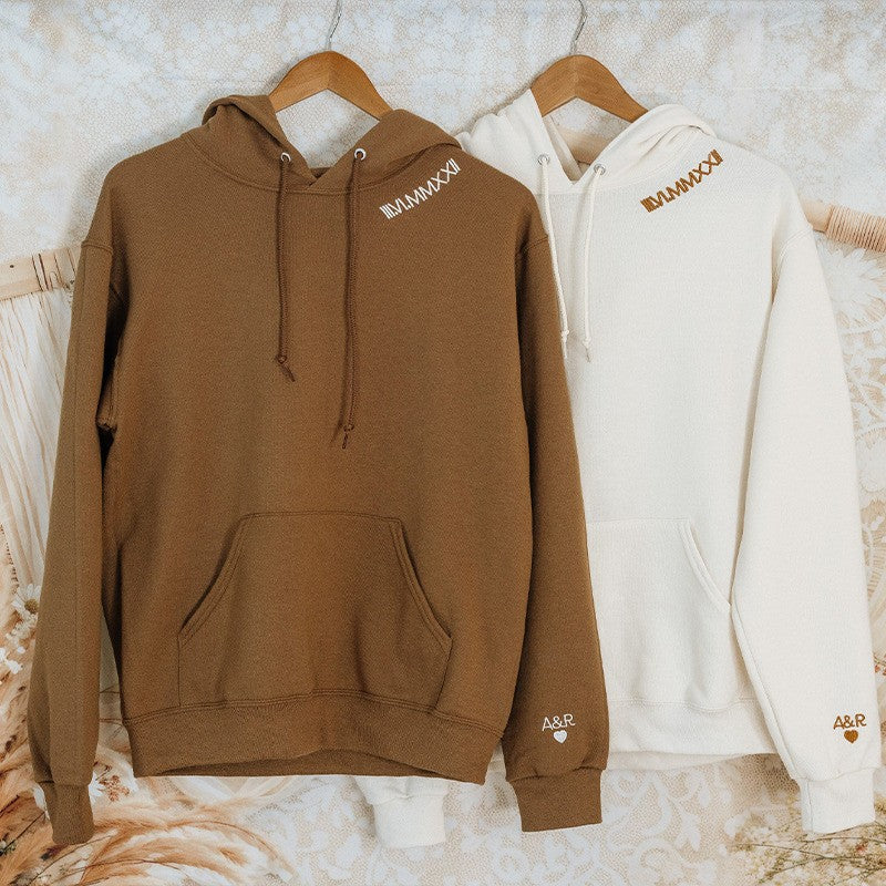 Personalized Couple Embroidered Roman Numeral Matching Hoodie