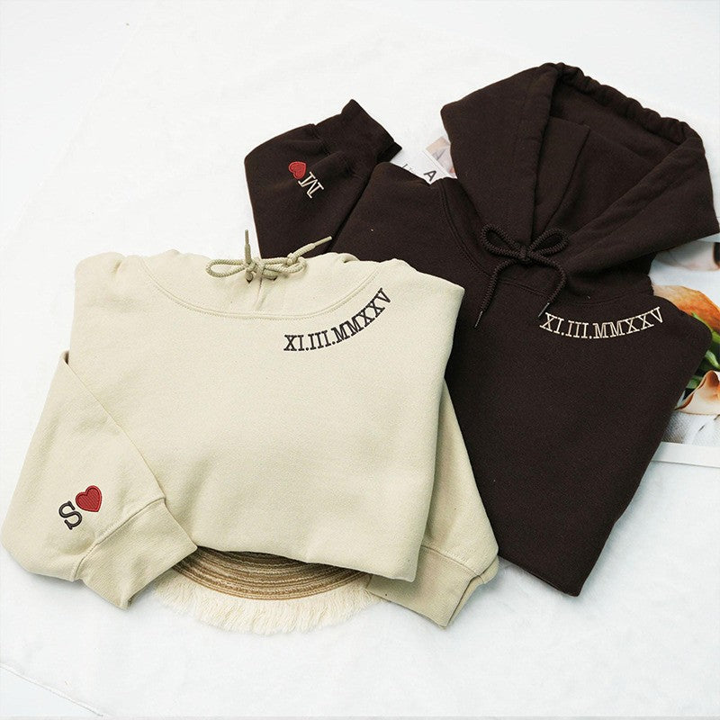 Personalized Couple Embroidered Roman Numeral Matching Hoodie