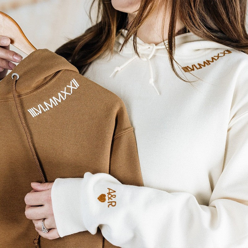 Personalized Couple Embroidered Roman Numeral Matching Hoodie
