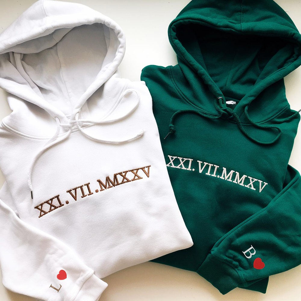 Personalized Couple Embroidered Roman Numeral Matching Hoodie