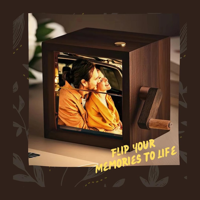Custom Flip Book Frame Animation Machine Mechanical Hand-cranked Photo Album with Light Black Walnut Couple Photo Cube Frame Creative Gift