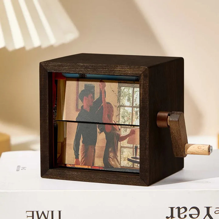 Custom Flip Book Frame Animation Machine Mechanical Hand-cranked Photo Album with Light Black Walnut Couple Photo Cube Frame Creative Gift