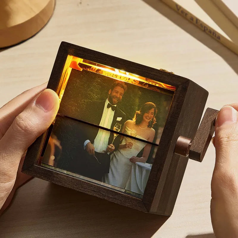 Custom Flip Book Frame Animation Machine Mechanical Hand-cranked Photo Album with Light Black Walnut Couple Photo Cube Frame Creative Gift