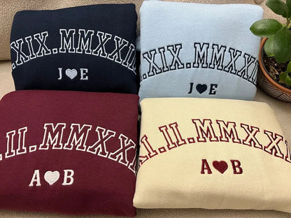 Custom Embroider Roman Numeral Crewneck Hoodie Personaliz Couples Gifts