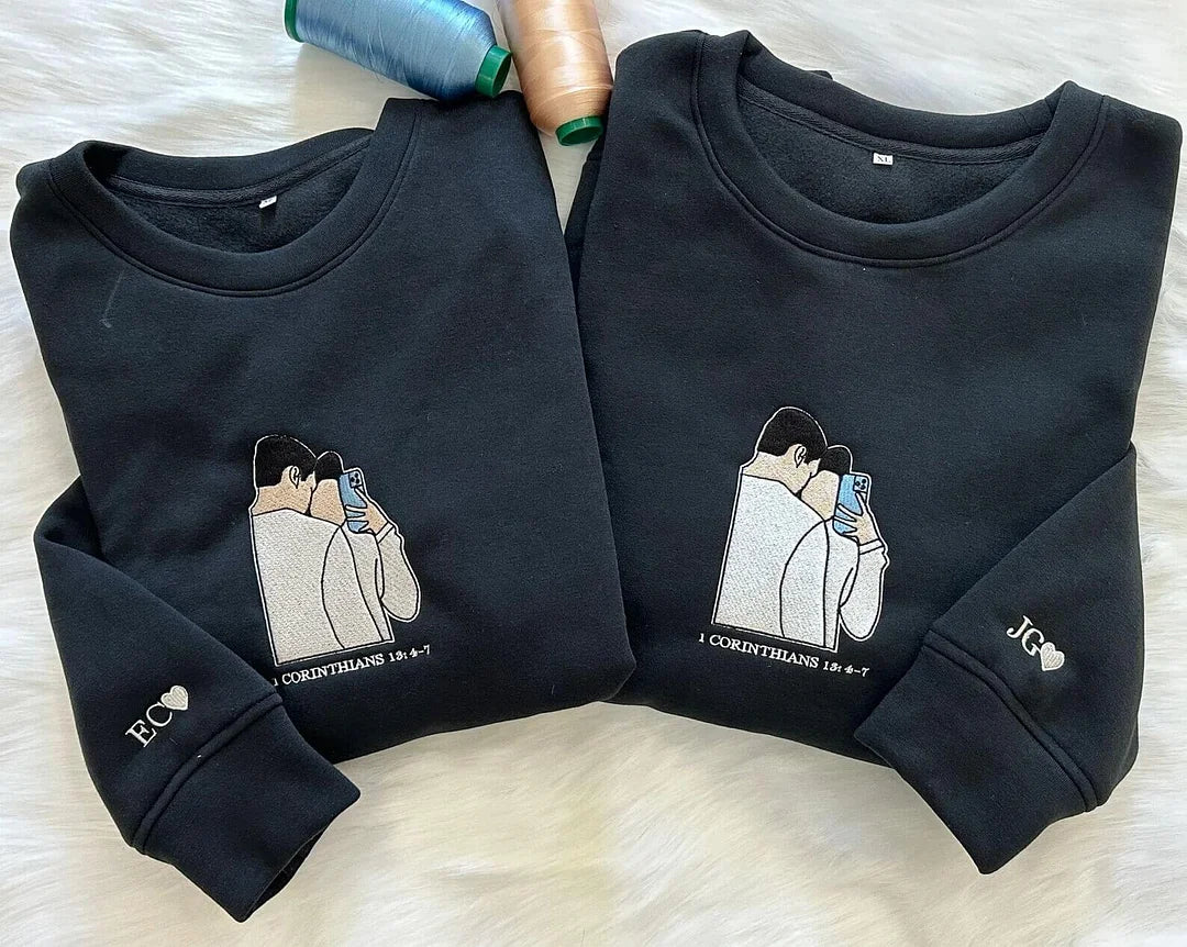 Custom Embroidered Sweatshirt Portrait Music Player Couple Gift