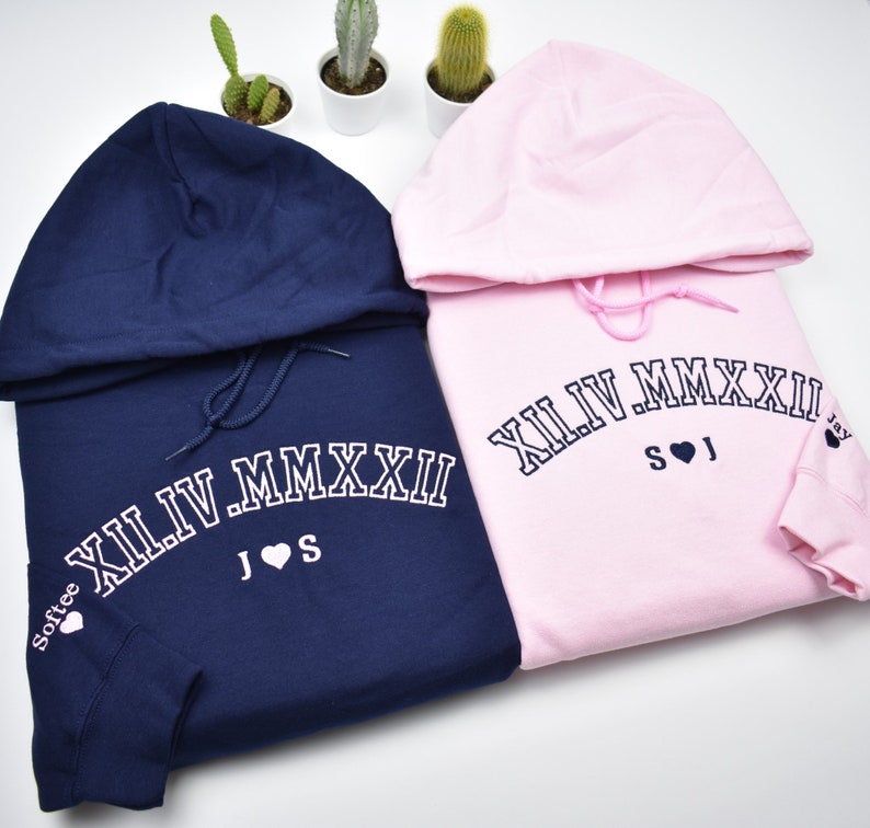 Custom Embroider Roman Numeral Crewneck Hoodie Personaliz Couples Gifts