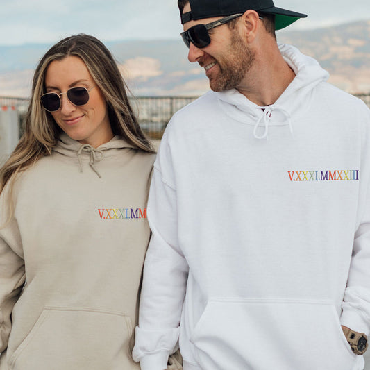 Custom Embroidered Colorful Roman Numerals Couple Sweatshirt