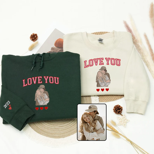 Valentine's Day Custom Photo Embroidered Matching Sweatshirt Hoodie T-shirt For Couple