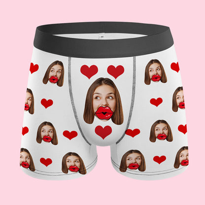 Custom Face Red Lips and Heart Boxer Personalized Valentine's Day Gift For Him