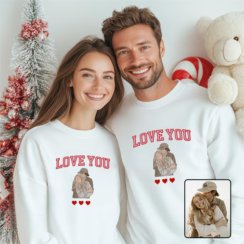 Valentine's Day Custom Photo Embroidered Matching Sweatshirt Hoodie T-shirt For Couple