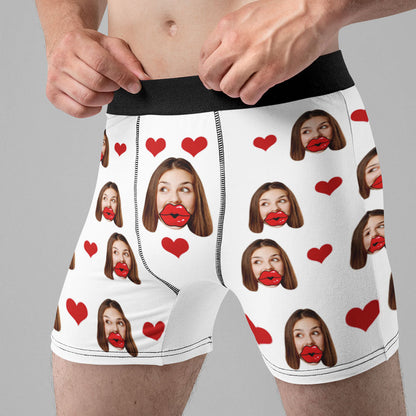 Custom Face Red Lips and Heart Boxer Personalized Valentine's Day Gift For Him