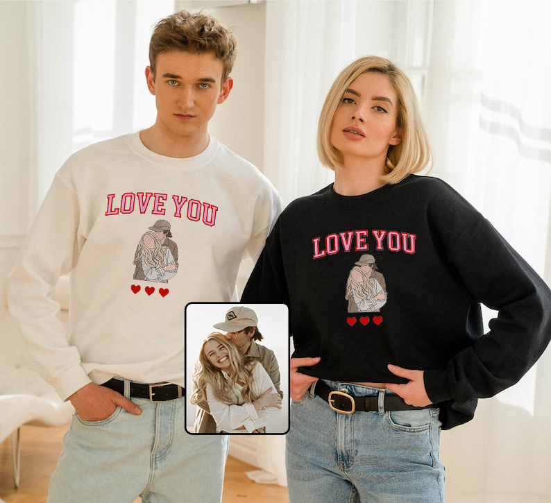 Valentine's Day Custom Photo Embroidered Matching Sweatshirt Hoodie T-shirt For Couple