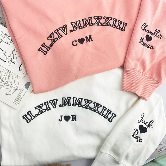 Custom Embroider Roman Numeral Crewneck Hoodie Personaliz Couples Gifts