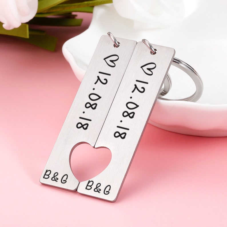 Heart Keychain Set Personalized Date Initial Matching Couple Gifts