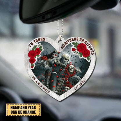 I'M YOURS NO RETURNS OR REFUNDS, PERSONALIZED COUPLE ORNAMENT, GIFT FOR BIKERS