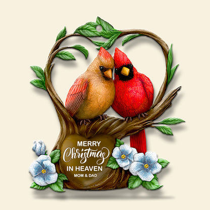 Merry Christmas In Heaven - Personalized Memorial Wooden Ornament - Cardinal Couple