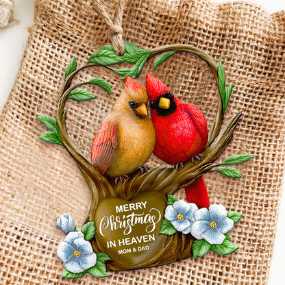 Merry Christmas In Heaven - Personalized Memorial Wooden Ornament - Cardinal Couple