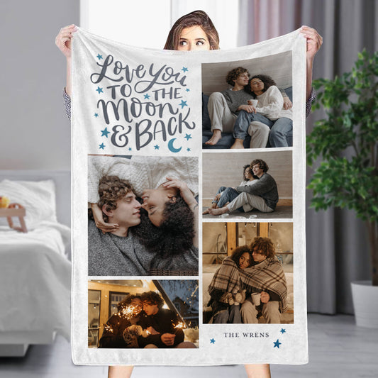 Custom 5 Photos&Text Fleece Blanket Love To The Moon