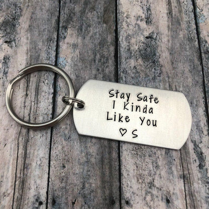 Stay Safe I Kinda Like You Funny Keychain Personalized Initial Couple Gift