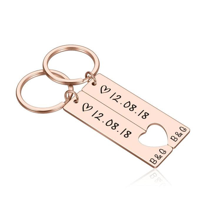 Heart Keychain Set Personalized Date Initial Matching Couple Gifts