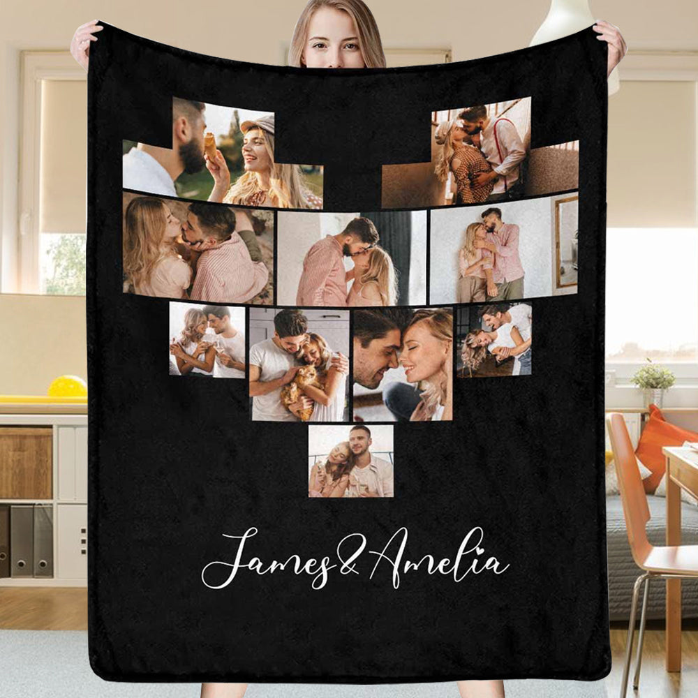 Custom 10 Photos Fleece Blankets Names Blanket for Couple