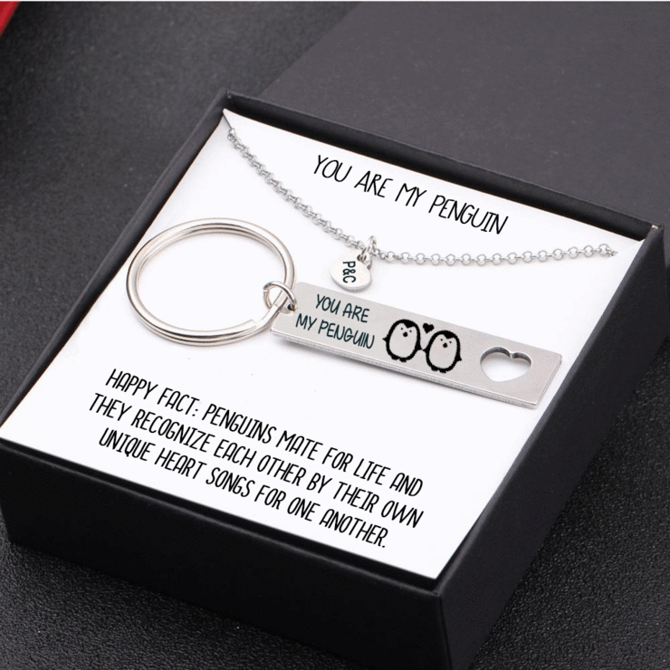 Personailzed Keychain and Heart Necklace Gift Box You Are My Penguin Couple Gifts