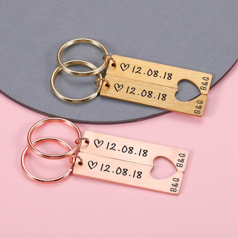 Heart Keychain Set Personalized Date Initial Matching Couple Gifts