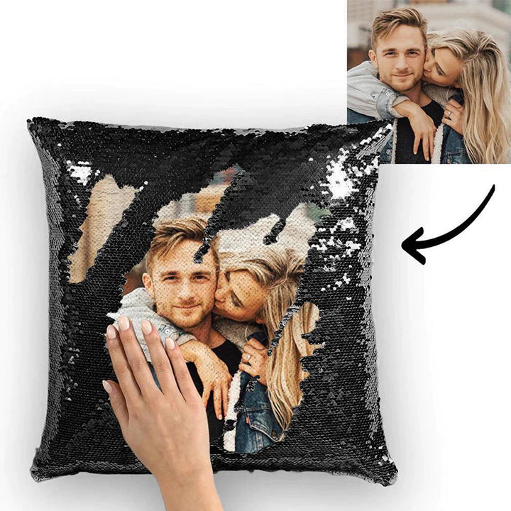 Custom Couple Photo Magic Sequins Pillow Multicolor Shiny