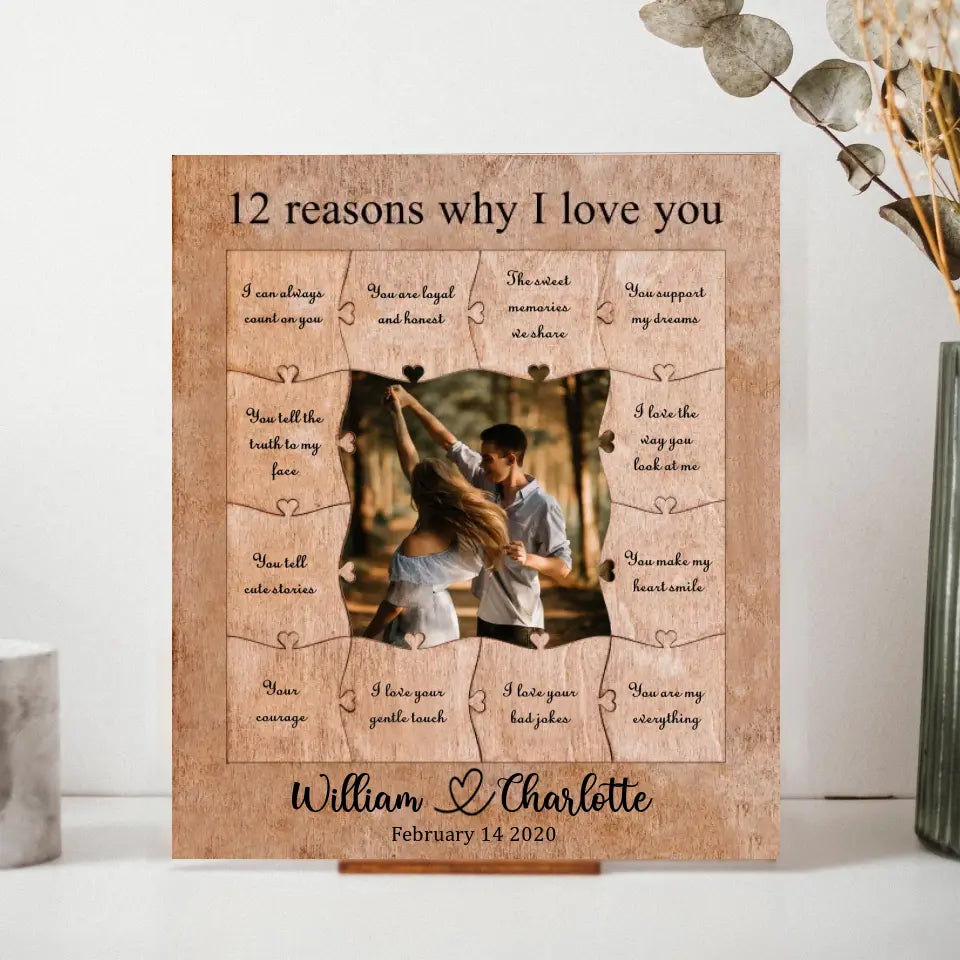 12 Reasons Why I Love You - Personalized Wooden Puzzle Piece Collage Frame