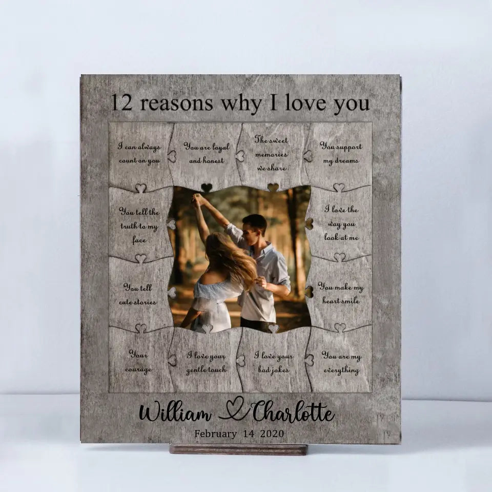 12 Reasons Why I Love You - Personalized Wooden Puzzle Piece Collage Frame