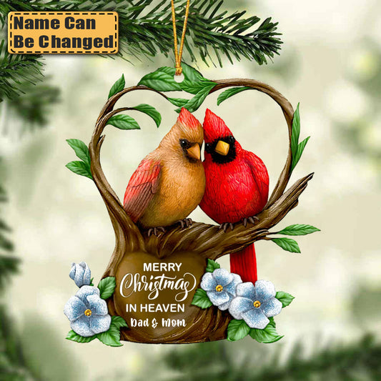 Merry Christmas In Heaven - Personalized Memorial Wooden Ornament - Cardinal Couple