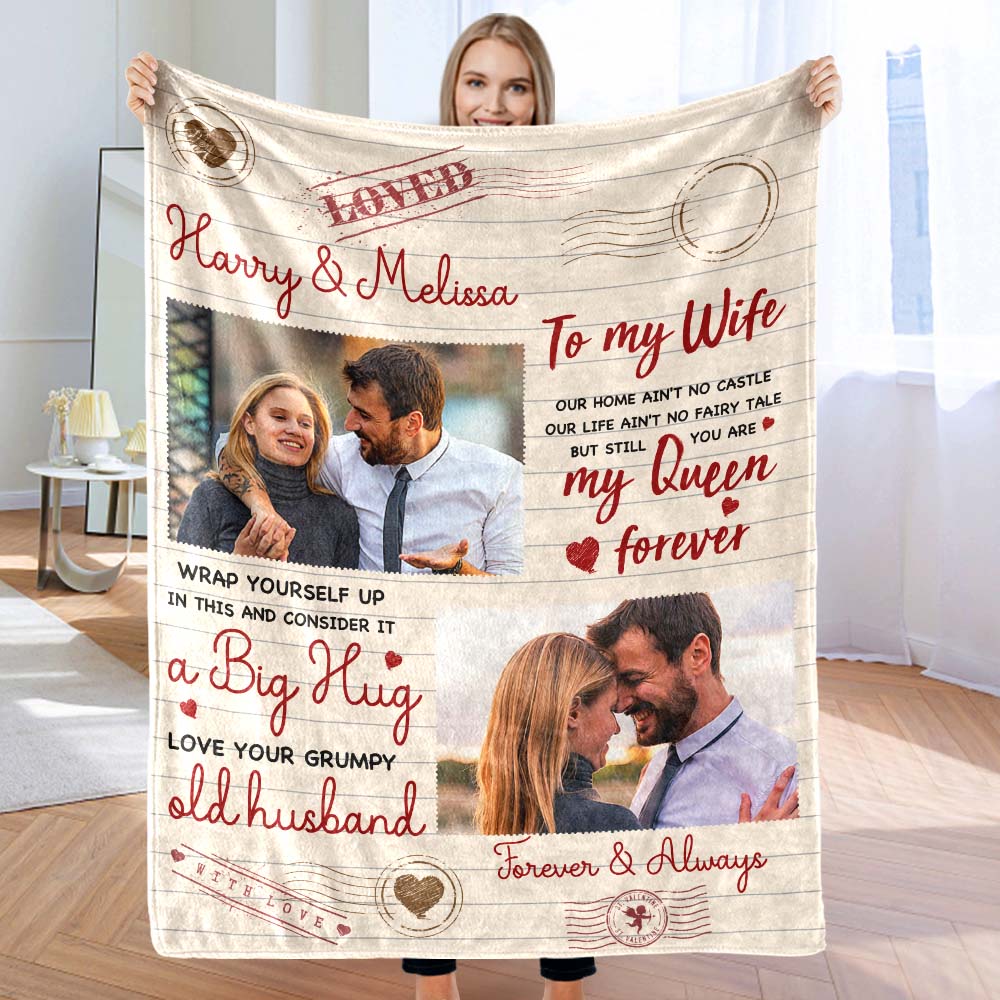 To My Wife Custom Photo and Name Blanket Valentine's Day Gift