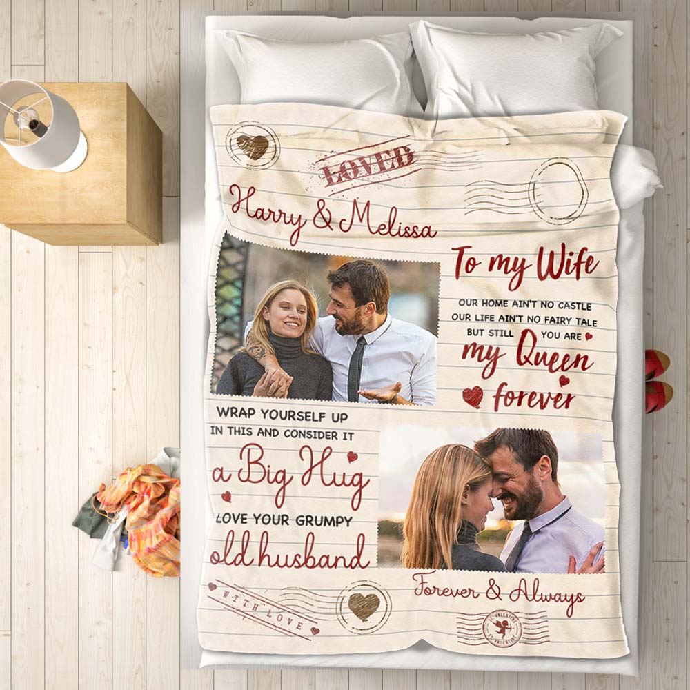 To My Wife Custom Photo and Name Blanket Valentine's Day Gift