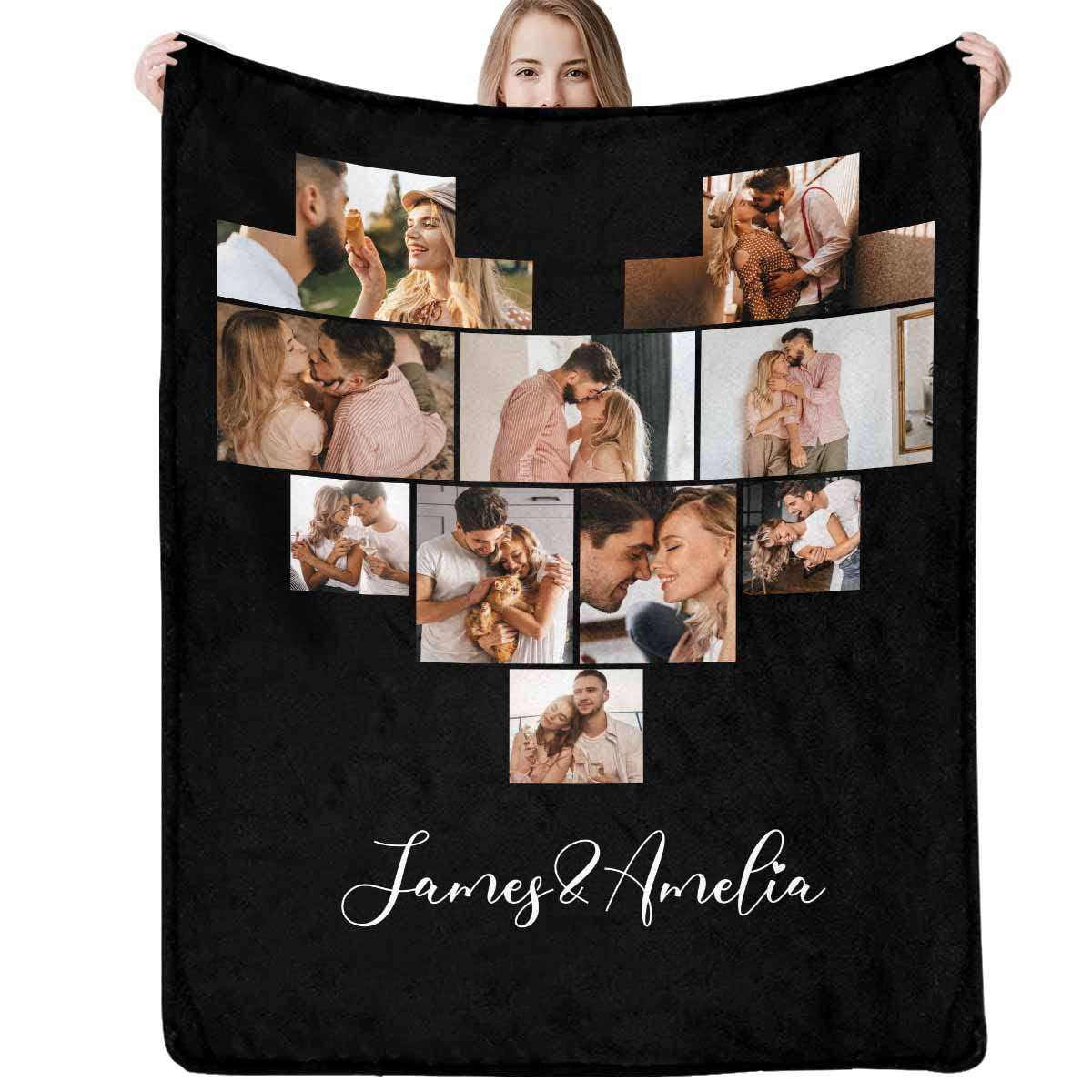 Custom 10 Photos Fleece Blankets Names Blanket for Couple