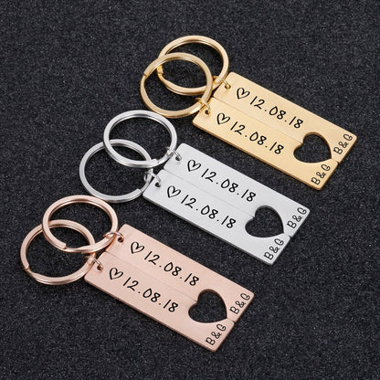 Heart Keychain Set Personalized Date Initial Matching Couple Gifts