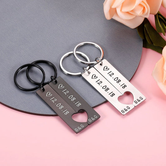 Heart Keychain Set Personalized Date Initial Matching Couple Gifts