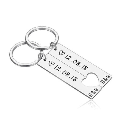 Heart Keychain Set Personalized Date Initial Matching Couple Gifts