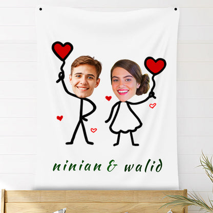 Custom Photo Couple Blankets Fleece Heart Couple Painting Style Blanket