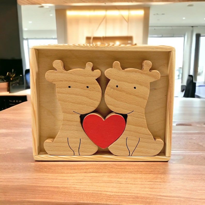 Wooden Cute Giraffe Love Couple Puzzle