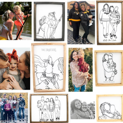 Custom 3D Framed Line Drawn Portrait Signs For Couple Family